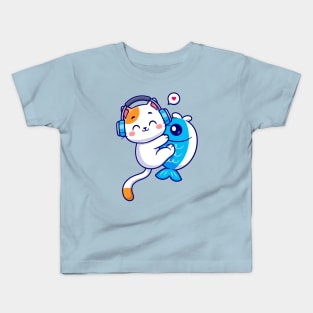 Cute Cat Hug Fish With Headphone Cartoon Kids T-Shirt